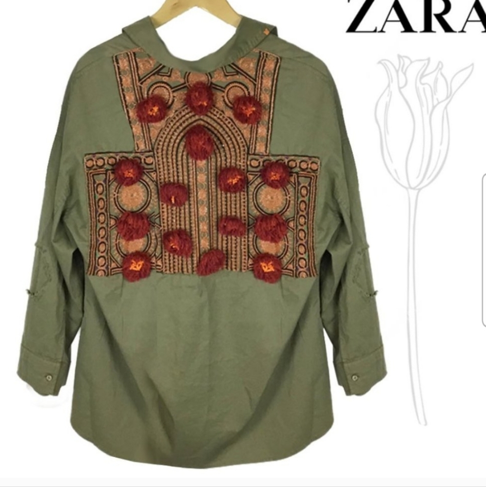 Zara Trf Outerwear Embroidered Army Green Buttondown Xl